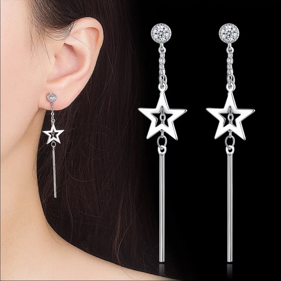 Sterling Silver 925 Star Long Chain Stud Earrings - Picture 3 of 5